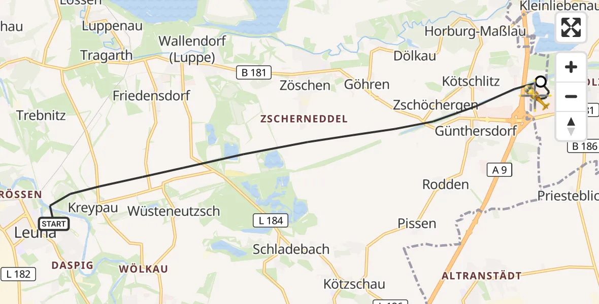 Flugroute Rettungshubschrauber Leuna - ADAC Air Rescue Station Leipzig/Schkeuditz-Dölzig Hubschrauberlandeplatz (Christoph 61), 19 Mai 2026, 07:26