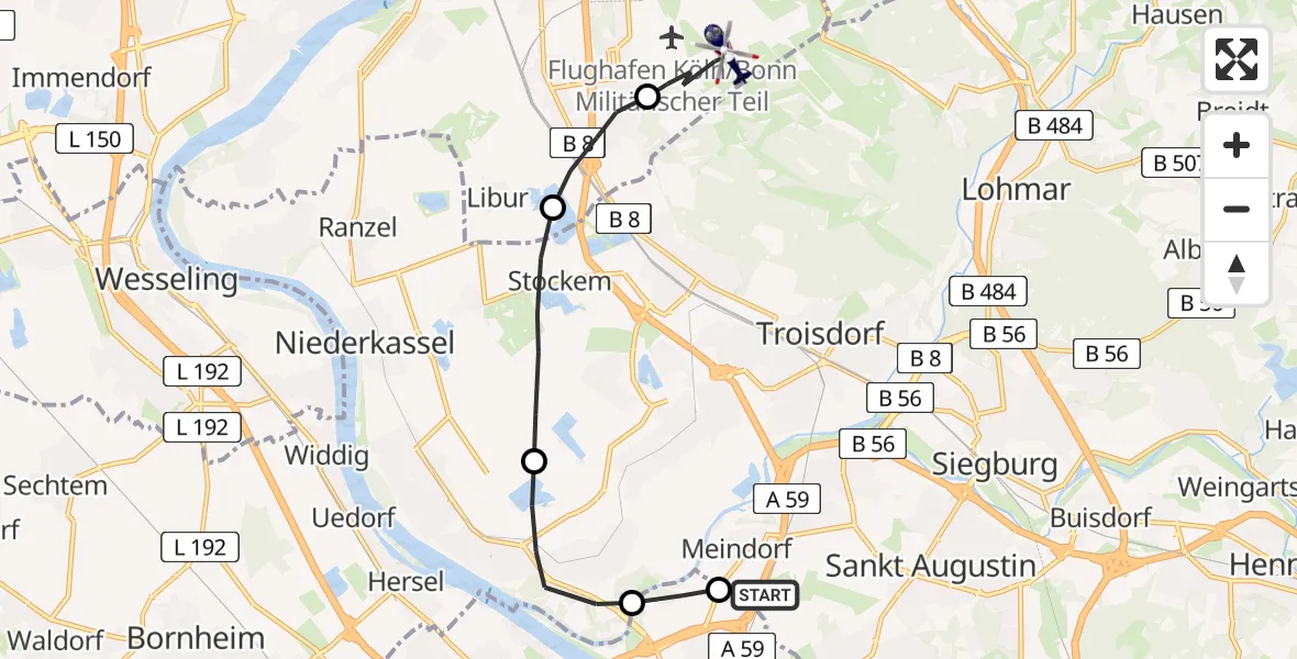 Flugroute Polizeihubschrauber Sankt Augustin - Köln Bonn Flughafen, 19 Mai 2026, 07:30