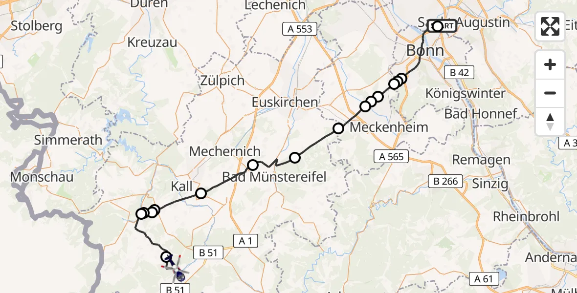 Flugroute Polizeihubschrauber Sankt Augustin - Dahlem, 19 Mai 2026, 07:34