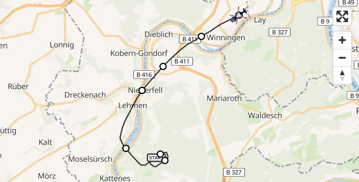 Flugroute Polizeihubschrauber Oberfell - Koblenz-Winningen Flugplatz, 19 Mai 2026, 07:36