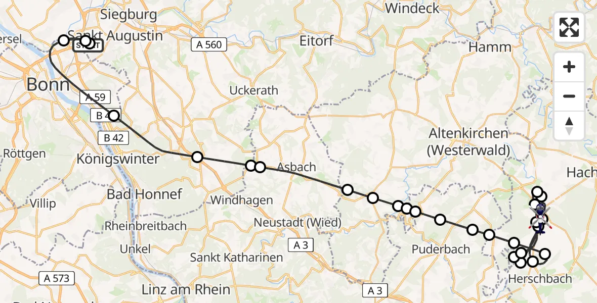 Flugroute Polizeihubschrauber Sankt Augustin - Höchstenbach, 19 Mai 2026, 07:36