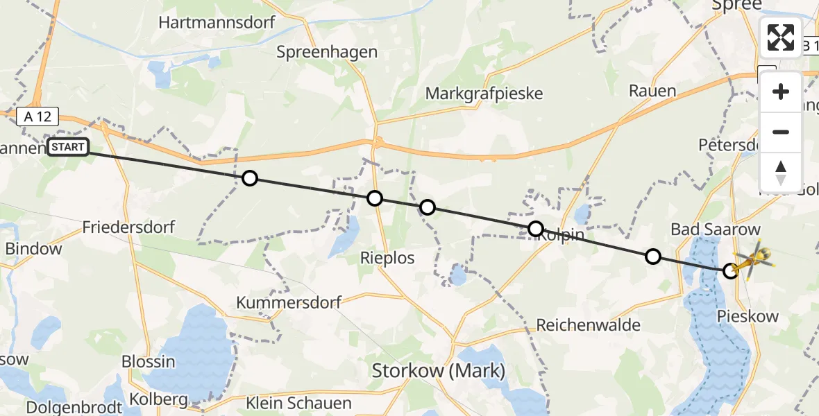 Flugroute Rettungshubschrauber Heidesee - Bad Saarow, 19 Mai 2026, 07:38