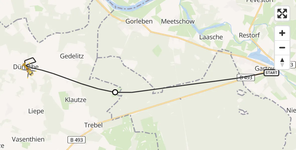 Flugroute Rettungshubschrauber Gartow - Trebel, 19 Mai 2026, 07:41