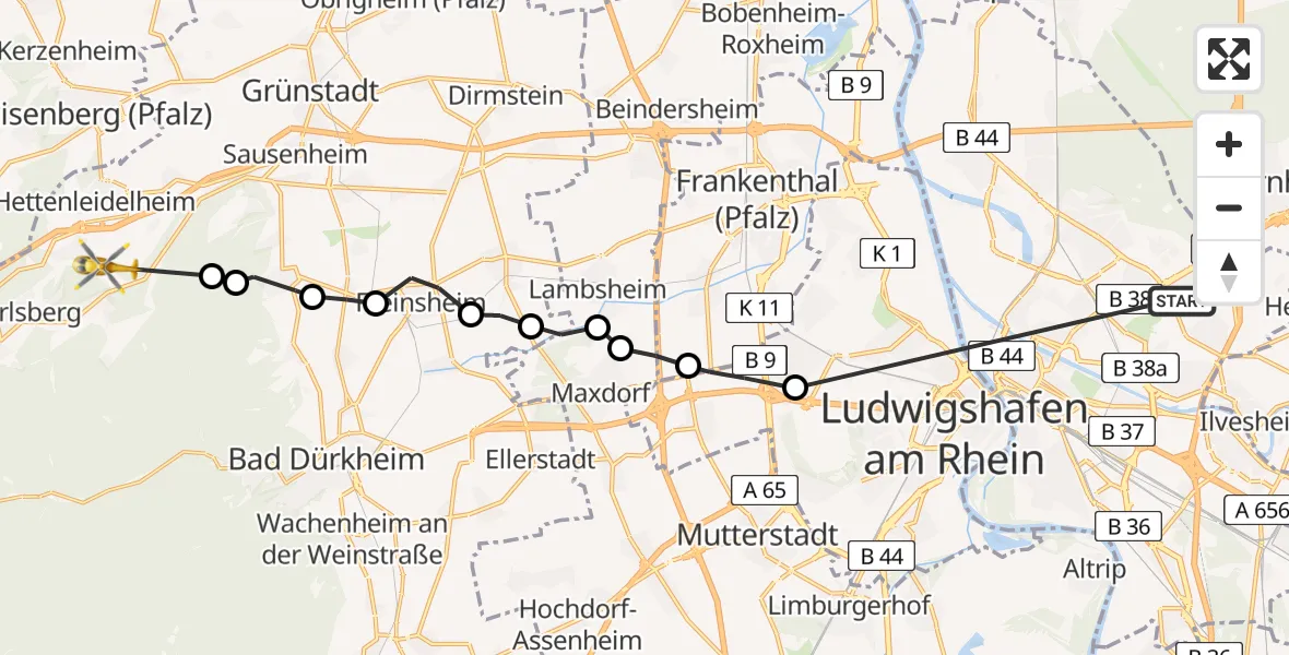 Flugroute Rettungshubschrauber Mannheim - Altleiningen, 19 Mai 2026, 07:45
