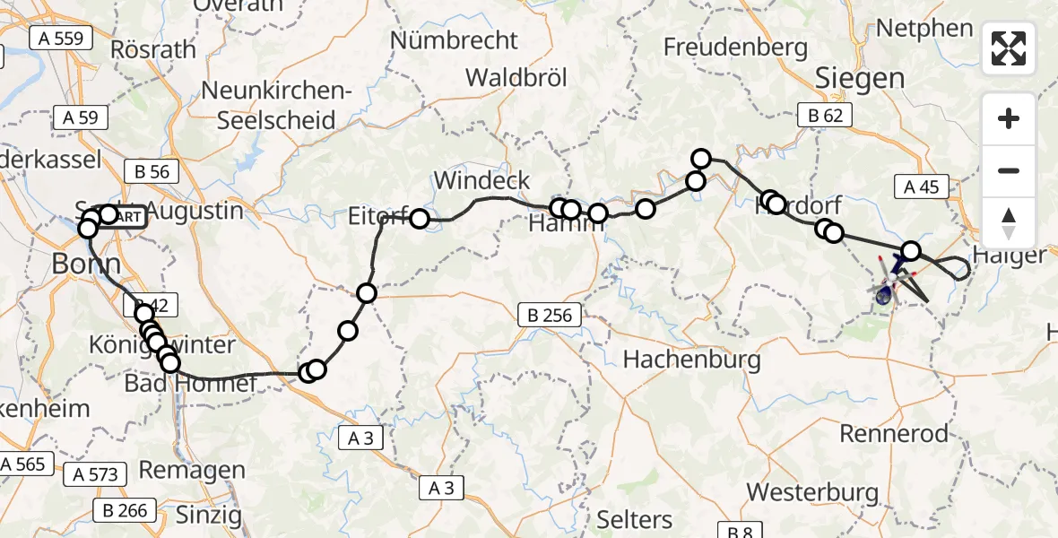 Flugroute Polizeihubschrauber Sankt Augustin - Burbach, 19 Mai 2026, 07:45