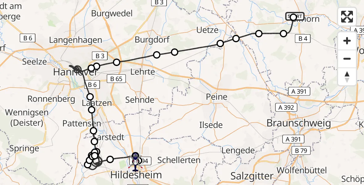 Flugroute Polizeihubschrauber Gifhorn Bundespolizei Hubschrauberlandeplatz - Hildesheim Flugplatz, 19 Mai 2026, 07:53
