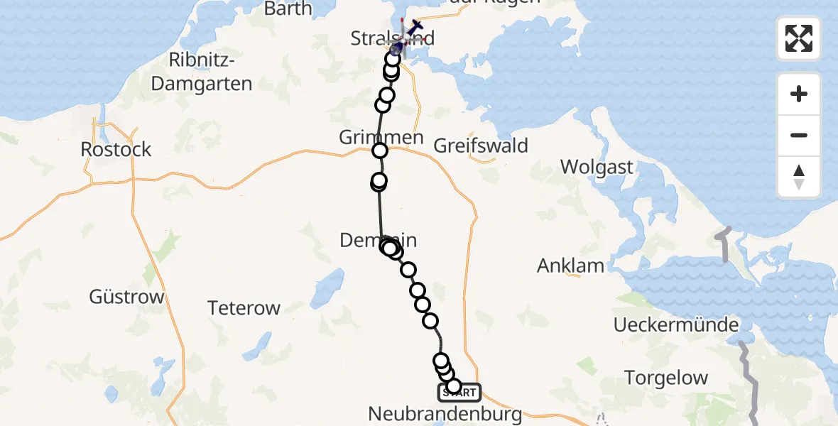 Flugroute Polizeihubschrauber Neubrandenburg Trollenhagen Flughafen - Stralsund, 19 Mai 2026, 07:55