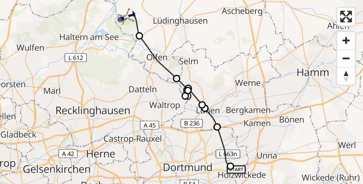 Flugroute Polizeihubschrauber Dortmund Flughafen - Borkenberge Flugplatz, 19 Mai 2026, 07:55
