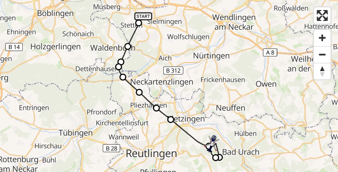 Flugroute Polizeihubschrauber Flughafen Stuttgart - St. Johann, 19 Mai 2026, 07:57