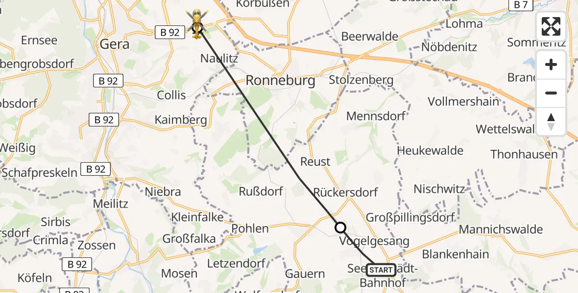 Flugroute Rettungshubschrauber Braunichswalde - Gera-Leumnitz Flugplatz, 19 Mai 2026, 08:11