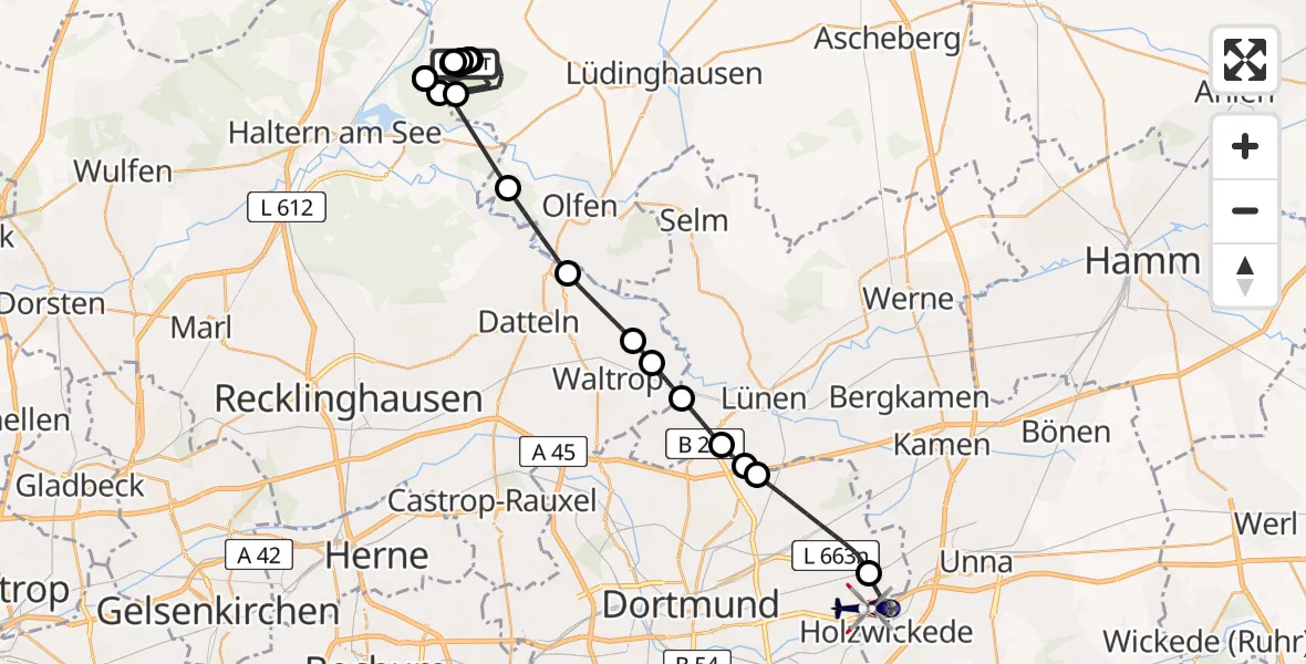 Flugroute Polizeihubschrauber Borkenberge Flugplatz - Dortmund Flughafen, 19 Mai 2026, 08:17