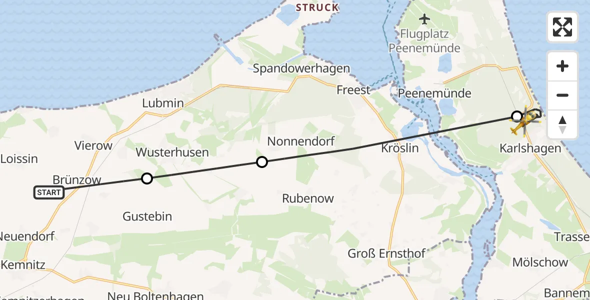Flugroute Rettungshubschrauber Brünzow - Peenemünde, 19 Mai 2026, 08:17