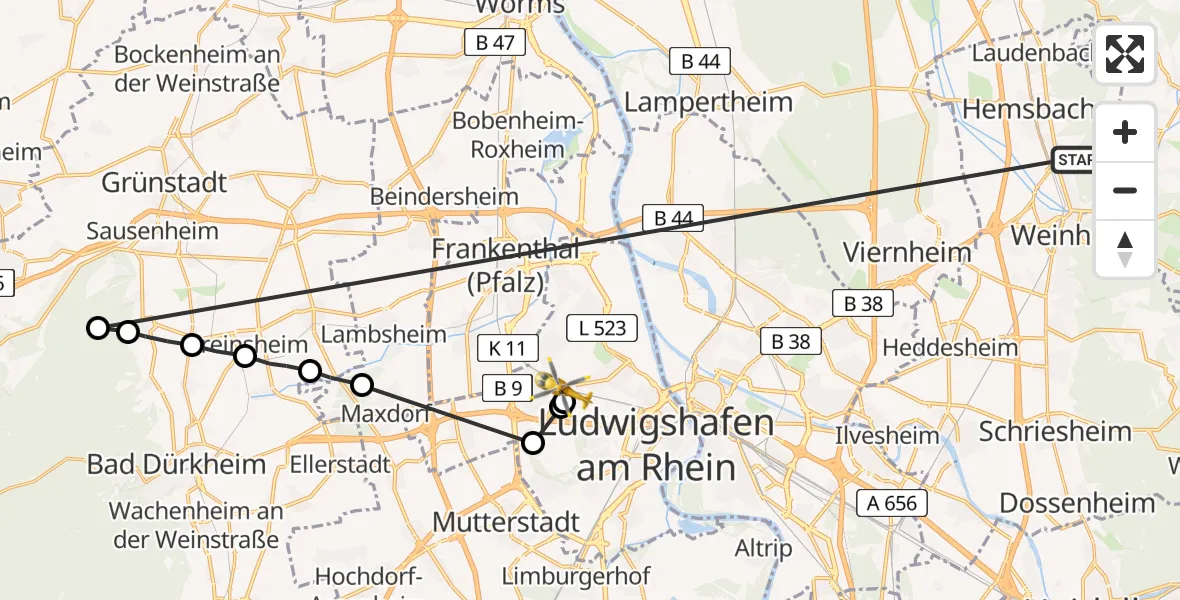 Flugroute Rettungshubschrauber Weinheim - Ludwigshafen Accident Hospital Hubschrauberlandeplatz, 19 Mai 2026, 08:16