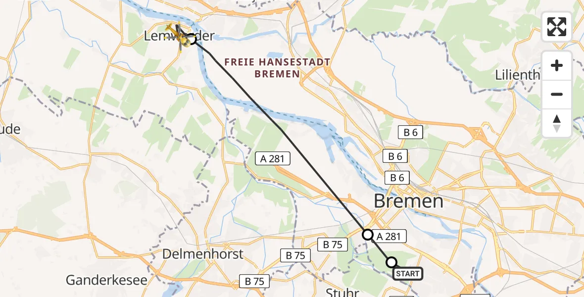 Flugroute Rettungshubschrauber Bremen - Lemwerder, 19 Mai 2026, 08:19