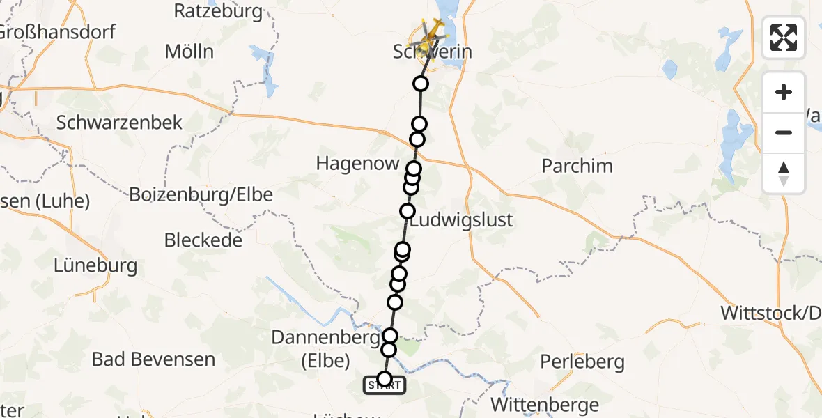 Flugroute Rettungshubschrauber Trebel - Schwerin, 19 Mai 2026, 08:23