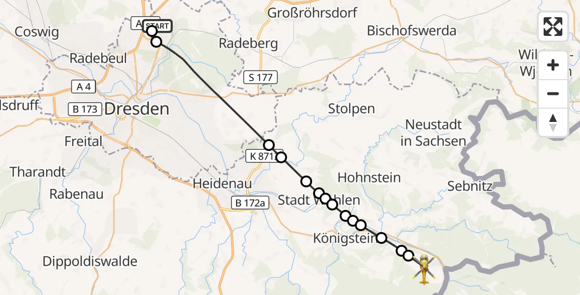 Flugroute Rettungshubschrauber Dresden Bundespolizei Hubschrauberlandeplatz - Reinhardtsdorf-Schöna, 19 Mai 2026, 08:23