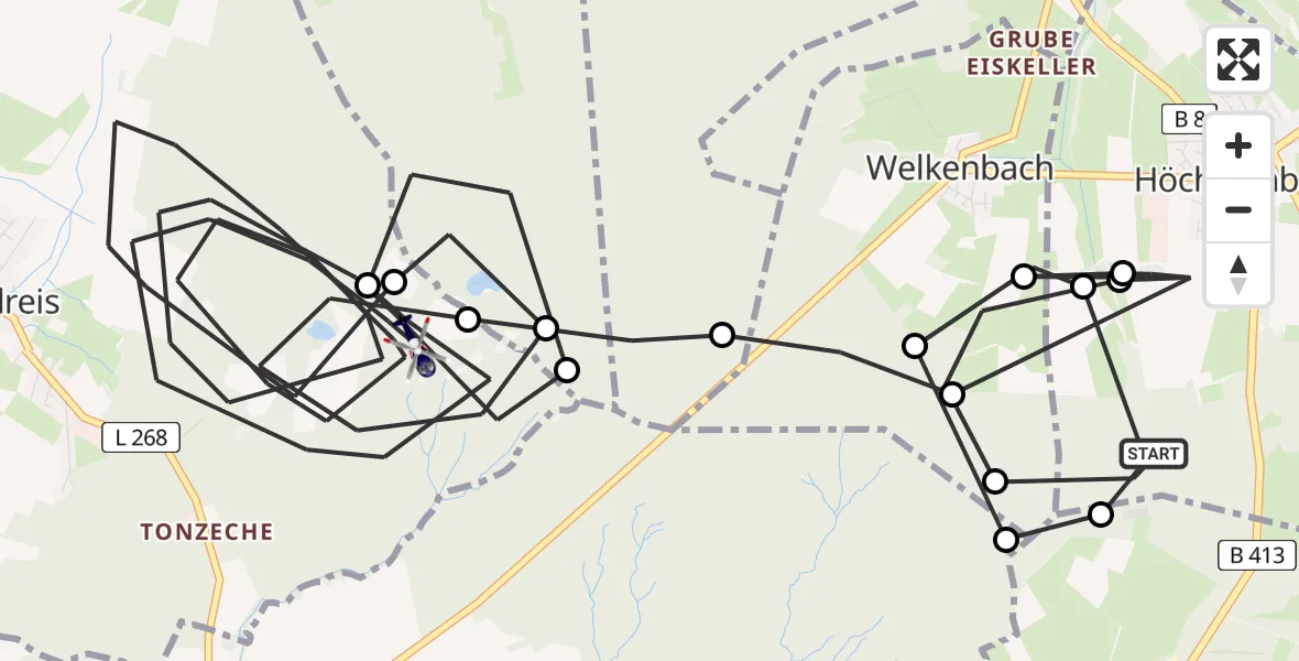 Flugroute Polizeihubschrauber Höchstenbach - Oberdreis, 19 Mai 2026, 08:25