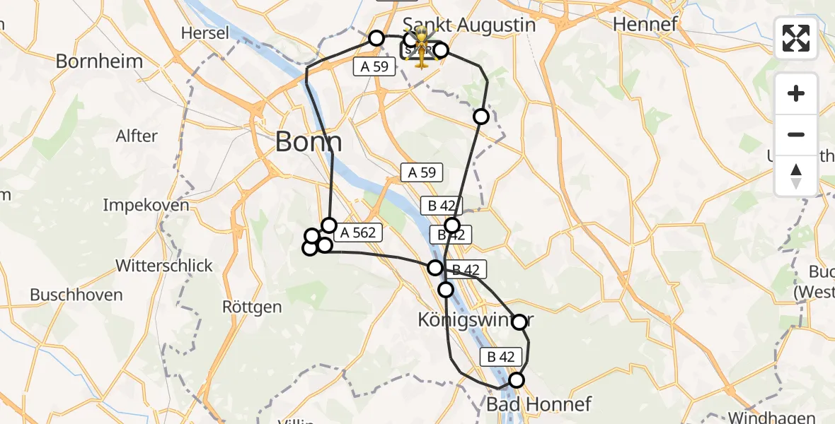 Flugroute Rettungshubschrauber Bonn-Hangelar Flugplatz - Bonn-Hangelar Flugplatz, 19 Mai 2026, 08:29