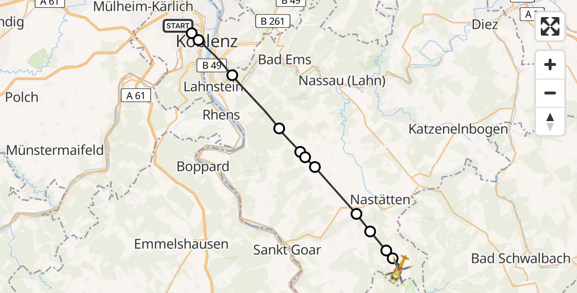 Flugroute Rettungshubschrauber Koblenz - Welterod, 19 Mai 2026, 08:30