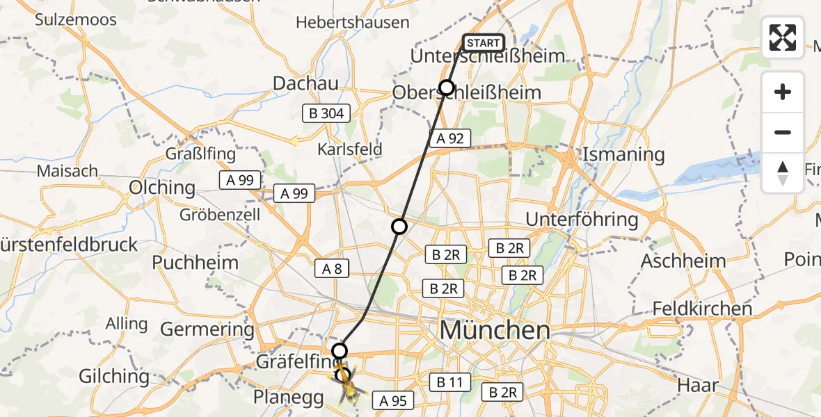Flugroute Rettungshubschrauber Unterschleißheim - DRF Air Rescue München Hubschrauberlandeplatz, 19 Mai 2026, 08:35