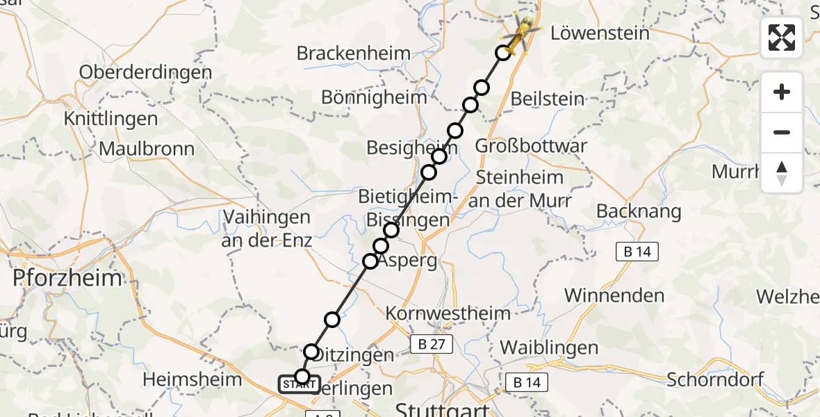Flugroute Rettungshubschrauber Leonberg Hospital - Untergruppenbach, 19 Mai 2026, 08:35