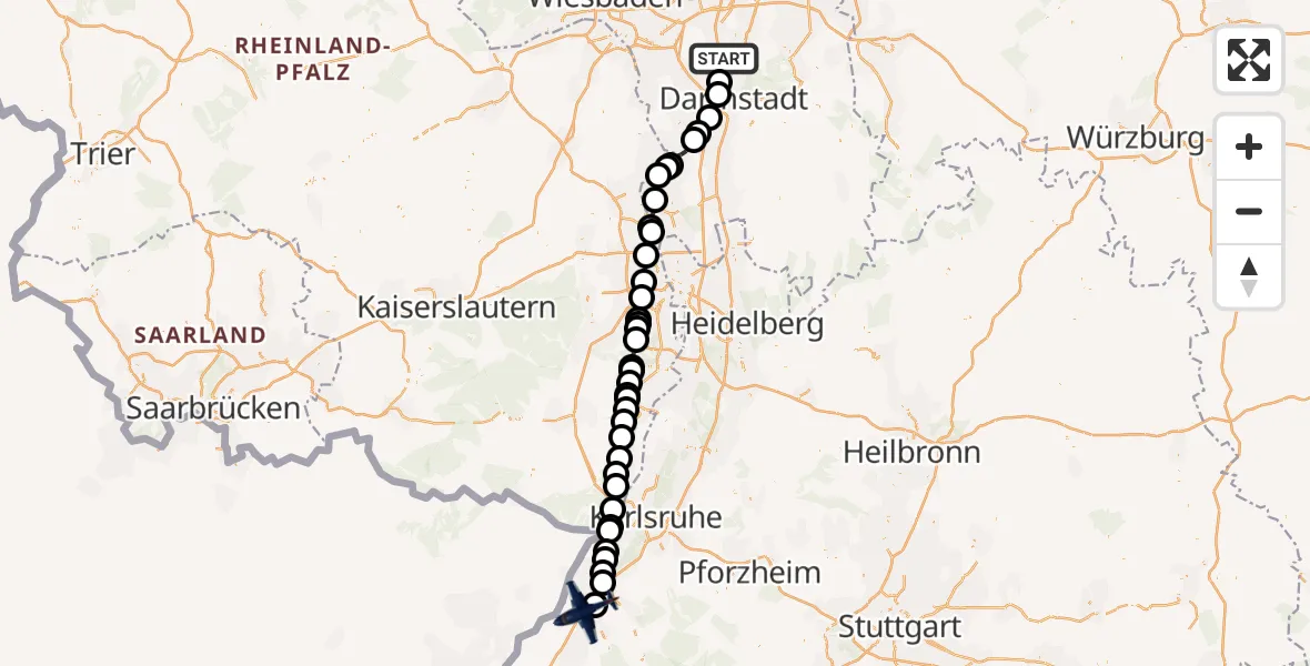 Flugroute Polizeiflugzeug Erzhausen - Baden-Baden, 19 Mai 2026, 08:37