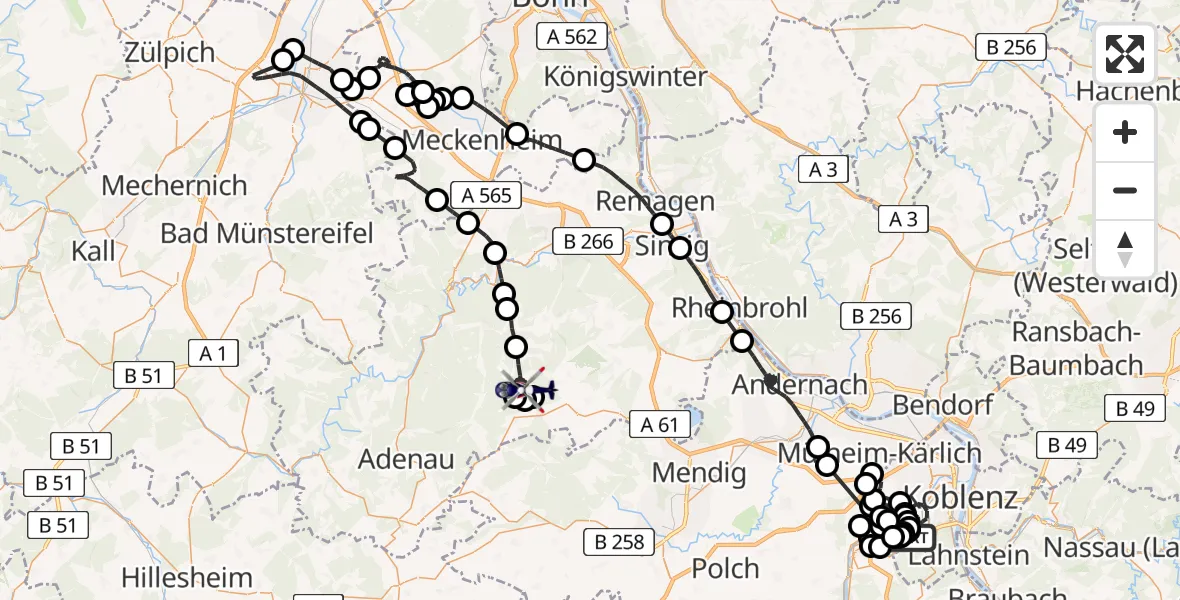 Flugroute Polizeihubschrauber Koblenz-Winningen Flugplatz - Heckenbach, 19 Mai 2026, 08:40