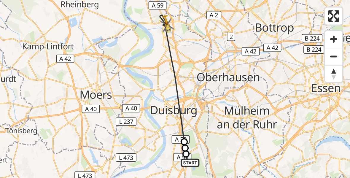 Flugroute Rettungshubschrauber Duisburg Air Rescue Hubschrauberlandeplatz (Christoph 9) - Duisburg, 19 Mai 2026, 08:41
