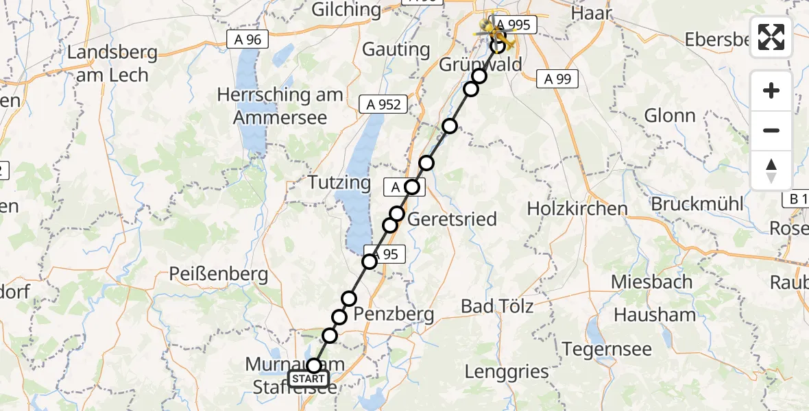 Flugroute Rettungshubschrauber Murnau a.Staffelsee - ADAC Air Rescue Center Hubschrauberlandeplatz (Christoph 1), 19 Mai 2026, 08:41