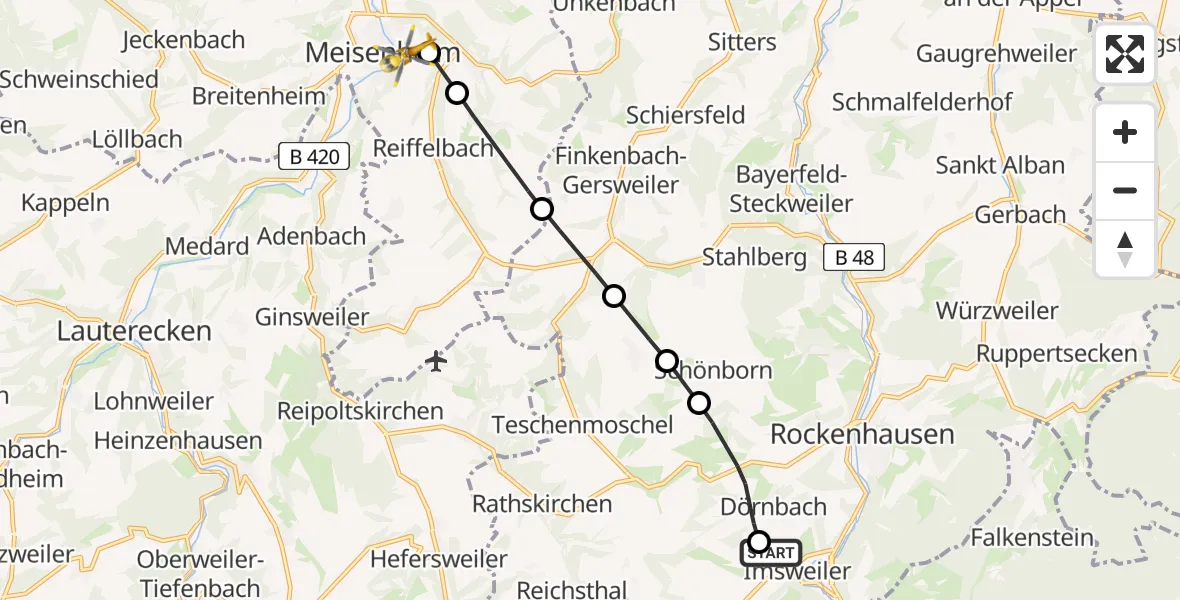 Flugroute Rettungshubschrauber Imsweiler UL - Meisenheim, 19 Mai 2026, 08:56