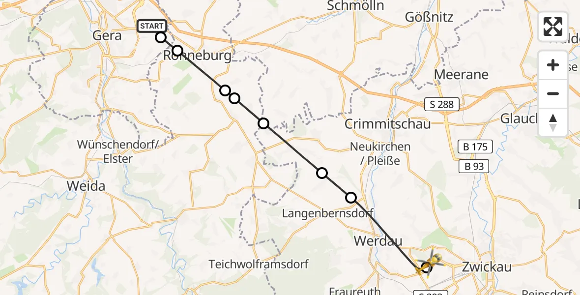 Flugroute Rettungshubschrauber Gera-Leumnitz Flugplatz - ADAC Air Rescue Station Zwickau Hubschrauberlandeplatz, 19 Mai 2026, 08:57