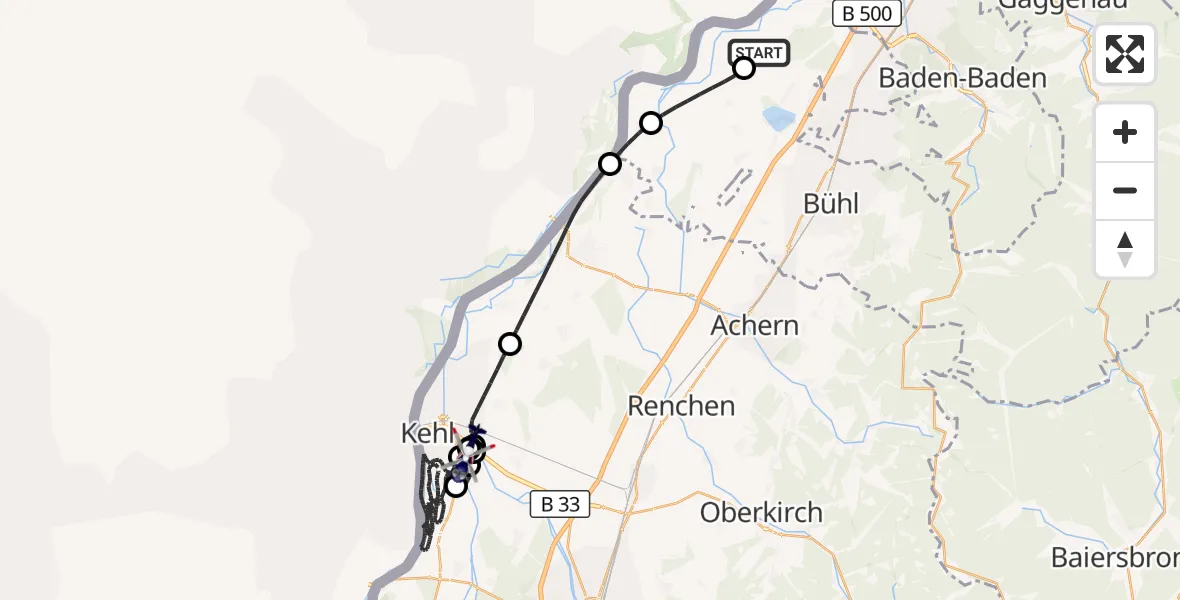Flugroute Polizeihubschrauber Karlsruhe Baden-Baden Flughafen - Kehl-Sundheim Flugplatz, 19 Mai 2026, 09:05
