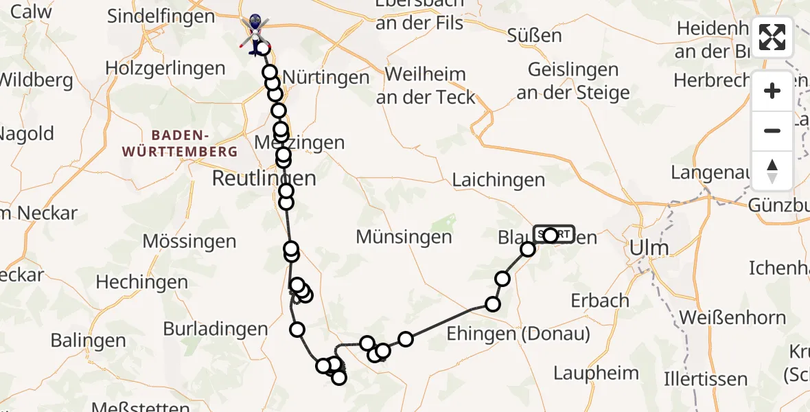 Flugroute Polizeihubschrauber Blaubeuren Flugplatz - Flughafen Stuttgart, 19 Mai 2026, 09:09