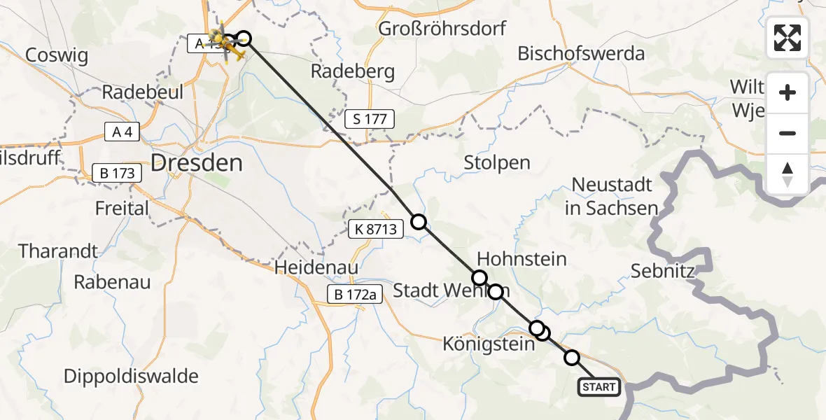 Flugroute Rettungshubschrauber Reinhardtsdorf-Schöna - Dresden Bundespolizei Hubschrauberlandeplatz, 19 Mai 2026, 09:09