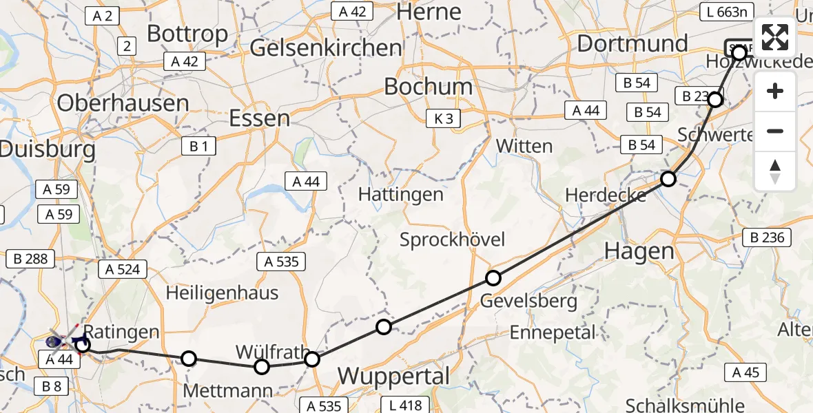 Flugroute Polizeihubschrauber Dortmund Flughafen - Düsseldorf Flughafen, 19 Mai 2026, 09:11
