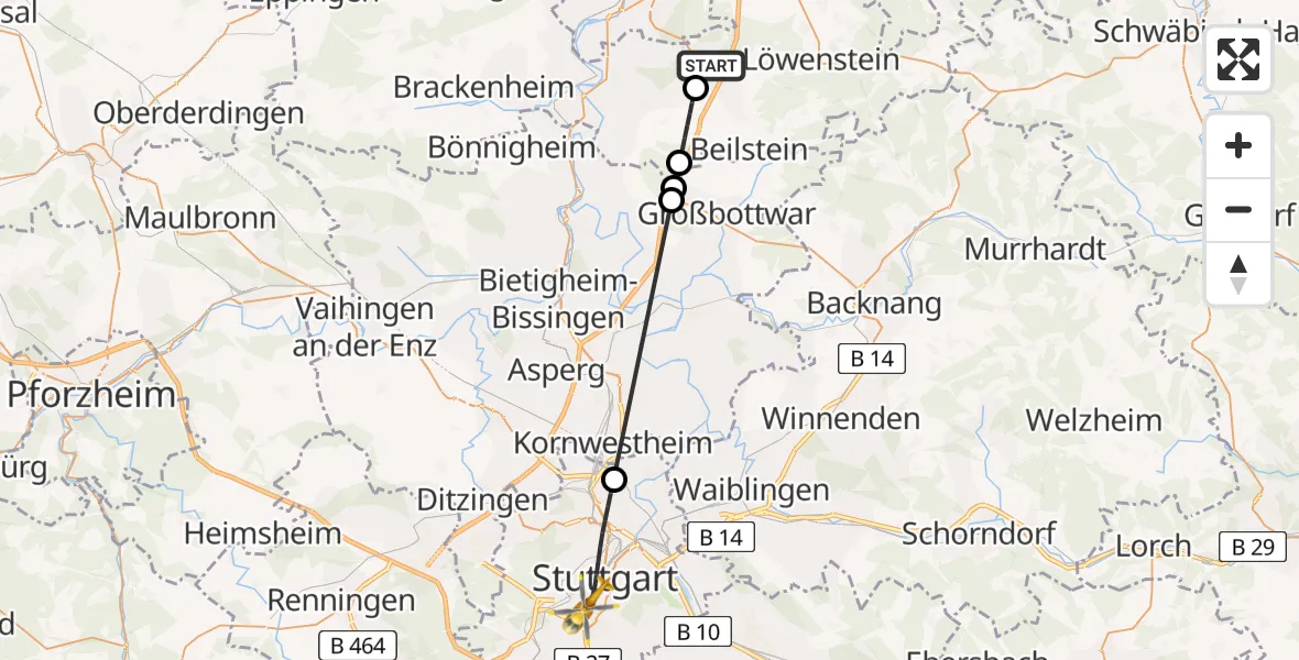 Flugroute Rettungshubschrauber Untergruppenbach - Stuttgart, 19 Mai 2026, 09:12