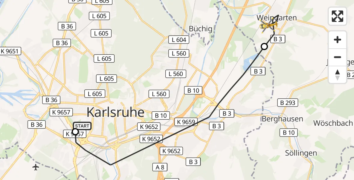 Flugroute Rettungshubschrauber Sankt Vincentius Hospital - Weingarten (Baden), 19 Mai 2026, 09:14