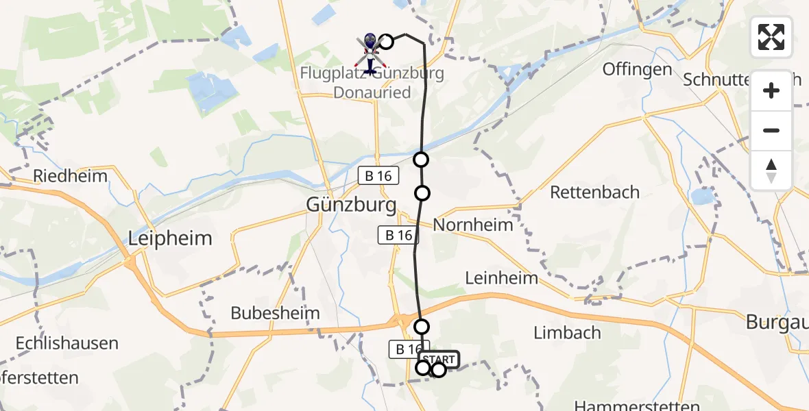 Flugroute Polizeihubschrauber Legoland Hubschrauberlandeplatz - Günzburg-Donauried Flugplatz, 19 Mai 2026, 09:22