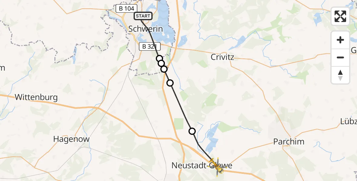Flugroute Rettungshubschrauber Schwerin - Neustadt-Glewe, 19 Mai 2026, 09:24