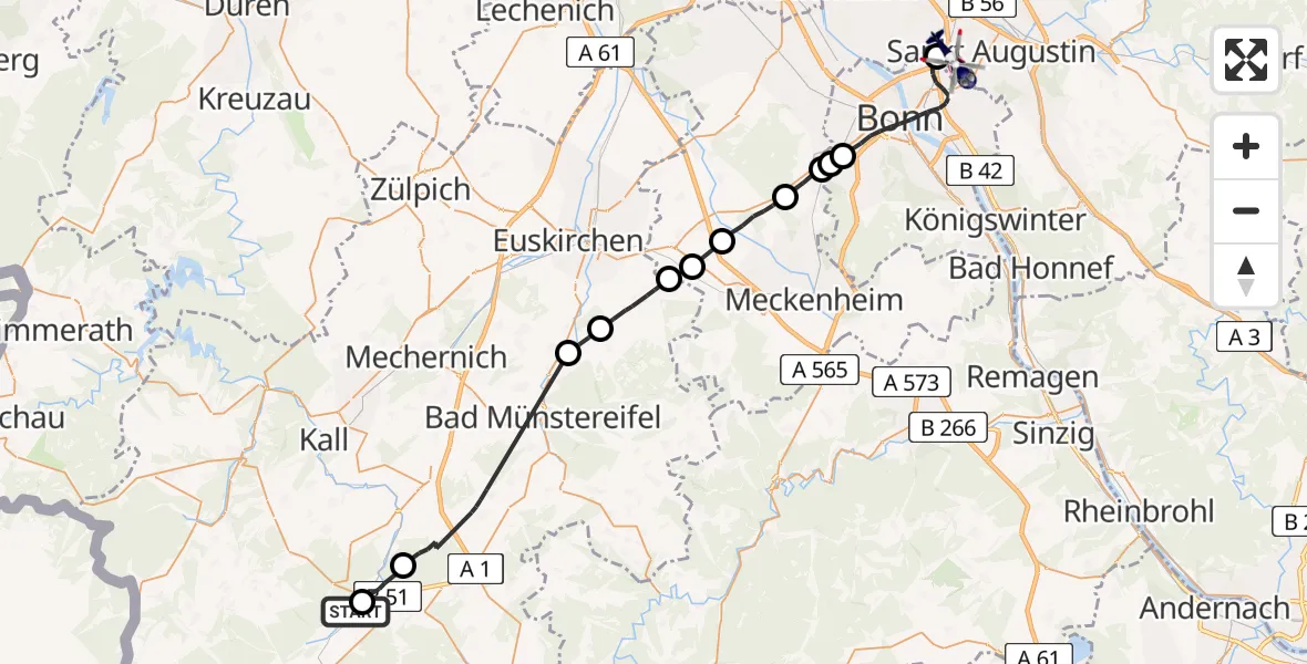 Flugroute Polizeihubschrauber Dahlem - Sankt Augustin, 19 Mai 2026, 09:25