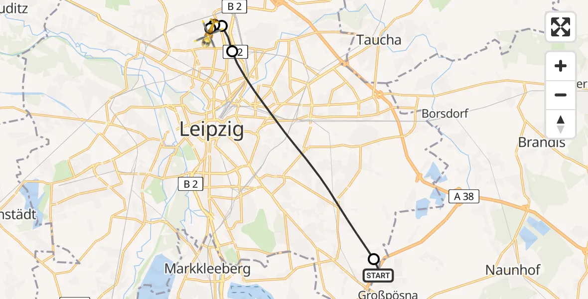Flugroute Rettungshubschrauber Großpösna - Sankt Georg Hospital Leipzig Reserve, 19 Mai 2026, 09:31