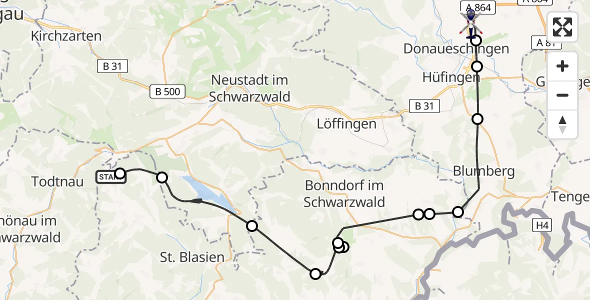 Flugroute Polizeihubschrauber Bernau im Schwarzwald - Donaueschingen-Villingen Flugplatz, 19 Mai 2026, 09:33