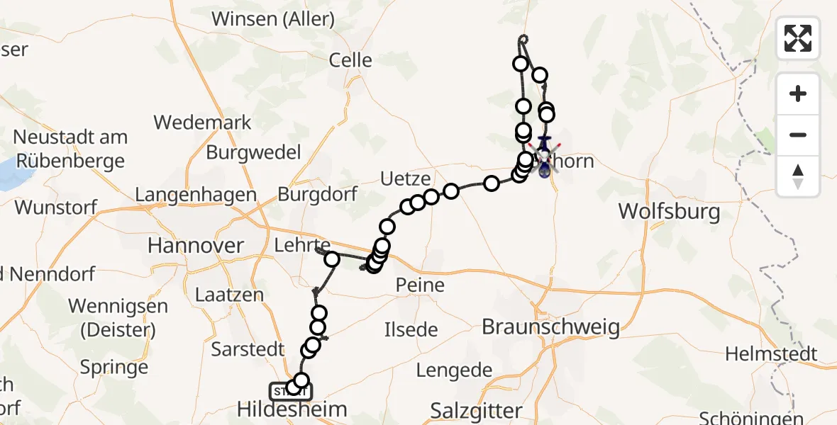 Flugroute Polizeihubschrauber Hildesheim Flugplatz - Gifhorn Bundespolizei Hubschrauberlandeplatz, 19 Mai 2026, 09:34