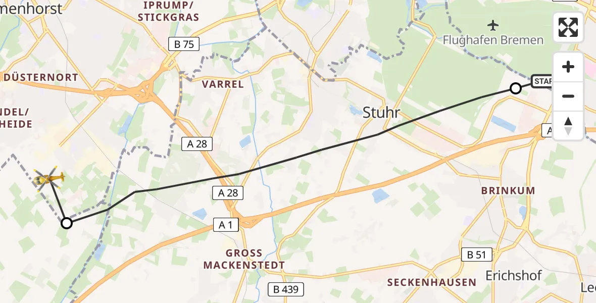 Flugroute Rettungshubschrauber Bremen - Delmenhorst, 19 Mai 2026, 09:34