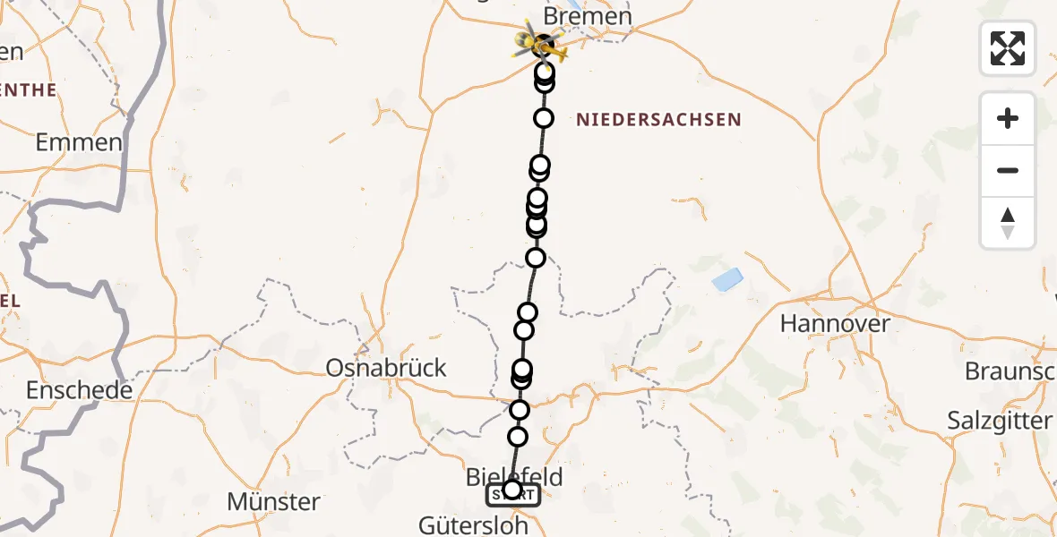 Flugroute Rettungshubschrauber Luftrettungszentrum Bielefeld - Groß Ippener, 19 Mai 2026, 09:42