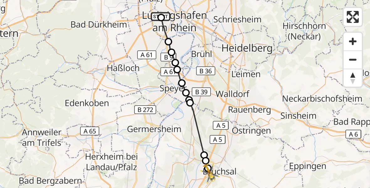 Flugroute Rettungshubschrauber Ludwigshafen Accident Hospital - Bruchsal, 19 Mai 2026, 09:43