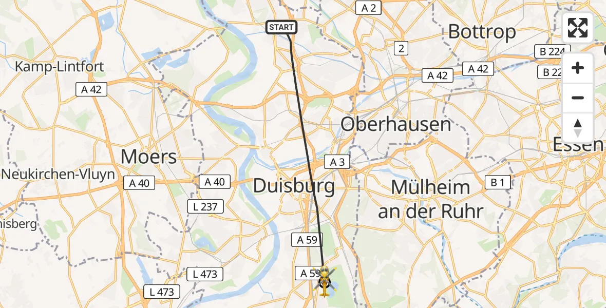 Flugroute Rettungshubschrauber Duisburg - Duisburg Air Rescue Hubschrauberlandeplatz (Christoph 9), 19 Mai 2026, 09:47