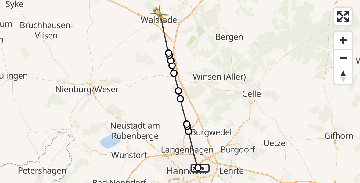 Flugroute Rettungshubschrauber Hannover Luftrettung Hubschrauberlandeplatz (Christoph 4) - Walsrode, 19 Mai 2026, 09:48