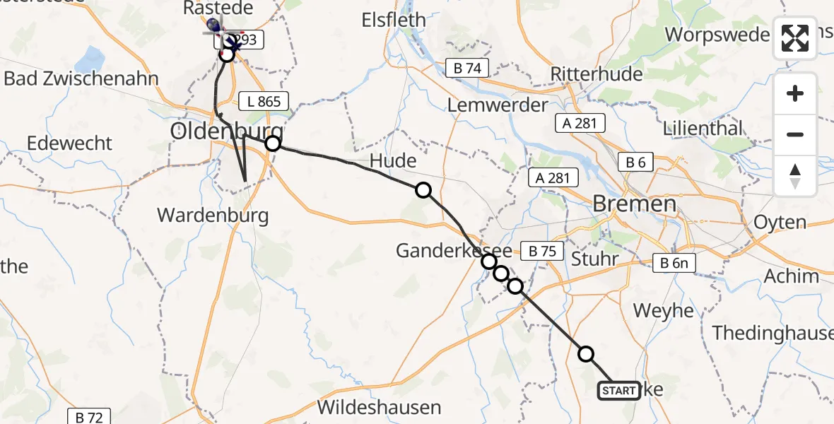 Flugroute Polizeihubschrauber Syke - Rastede, 19 Mai 2026, 09:50