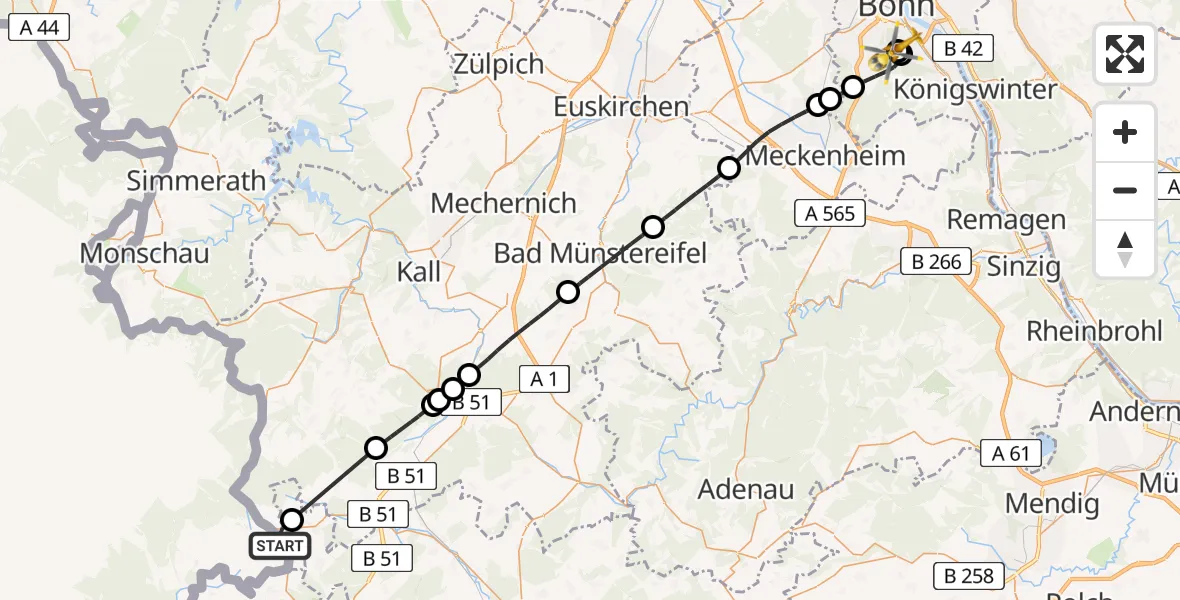 Flugroute Rettungshubschrauber Hellenthal - Bonn University Hospital, 19 Mai 2026, 09:50